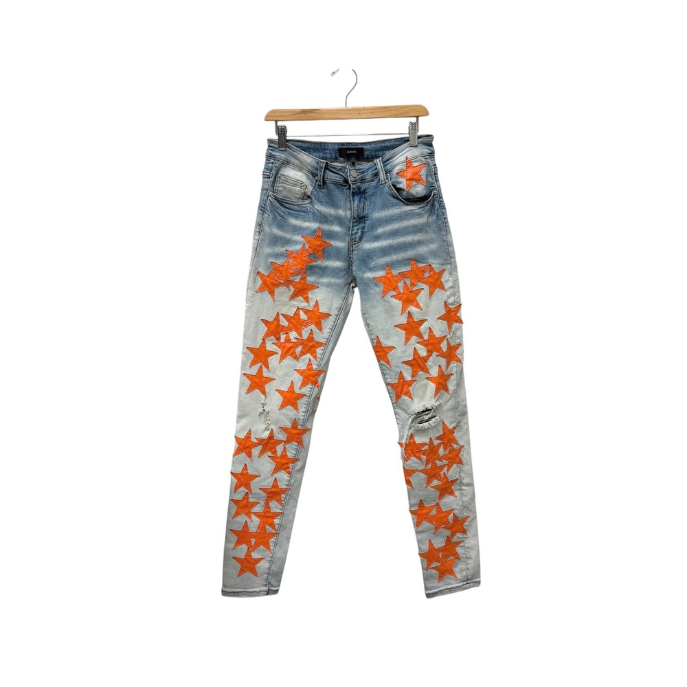 Amiri Mens Orange Leather Star Patch Distressed Skinny Jeans Light Wash Size 31